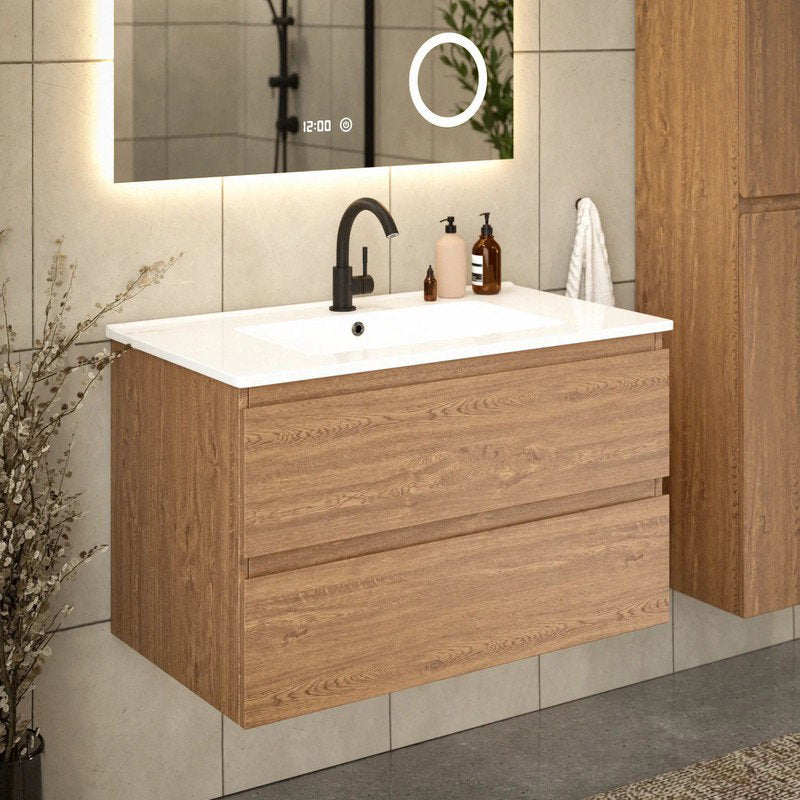 Mirlux Badezimmerschrank Luma 80 cm – Warme Eiche – Weißes Waschbecken