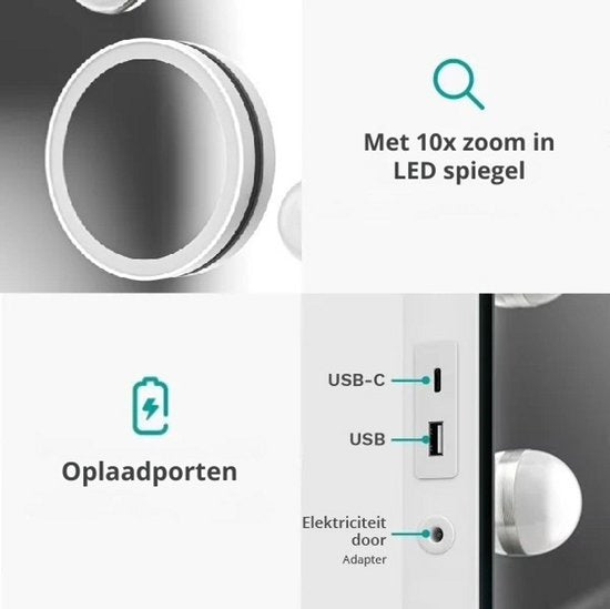 Mirlux Large Hollywood Mirror 80x60CM - LED-Beleuchtung - USB & USB-C Ladeanschlüsse - Make Up - Weiß