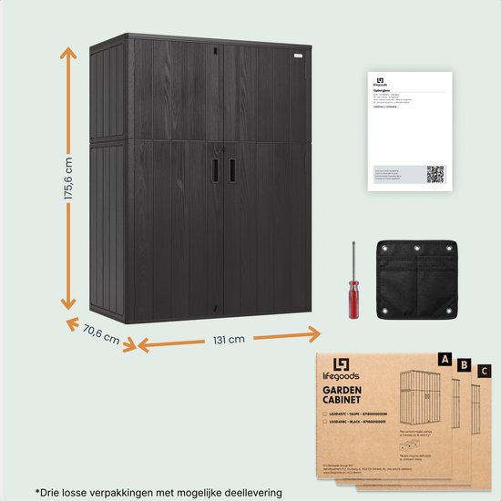 LifeGoods Gartenkabinett Vertikal - 1340L - Aufbewahrungsschrank - Wasserdicht & UV-beständig - Gartenkiste - Schwarz