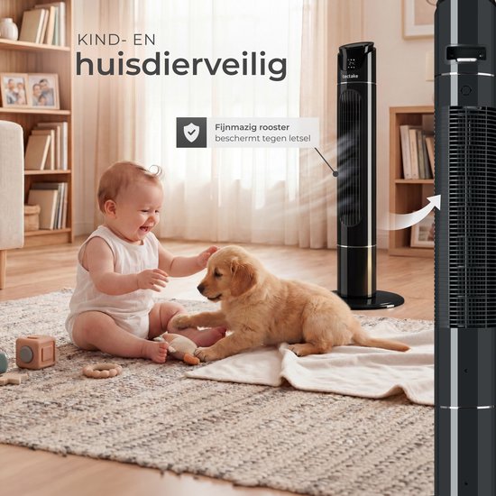 tectake® Großer Ventilator mit Fernbedienung – 110 cm – Schwenkbarer Ventilator mit 3 Geschwindigkeitsstufen – Turmventilator – Leiser Standventilator mit verschiedenen Windmodi + Timer – Luftkühler – Schwarz
