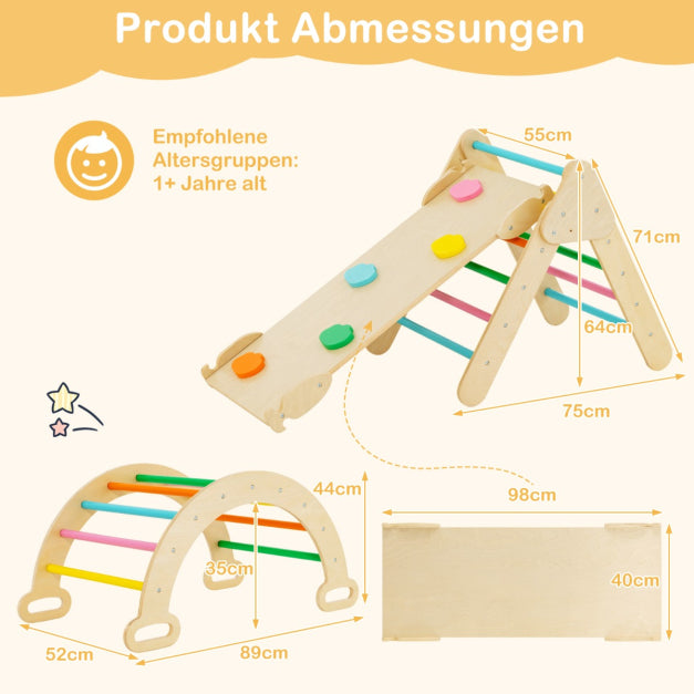 Coast 4-in-1 Holz-Kletterregal-Set - Kletterdreieck, Kletterbogen, Doppelseitige Rutsche/Kletterrampe, 50 kg belastbar - Verschiedene Abmessungen - Buchenholz - Farbenfroh