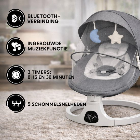 Oemmie Elektrischer Schaukelstuhl - Babyschaukel - Schaukelstuhl Baby - Babywippe - Inklusive Bluetooth-Funktion und Fernbedienung - 5 Schaukelpositionen - Grau
