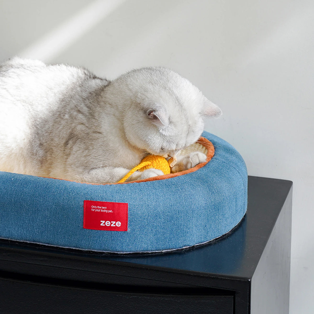 zeze Denim-Jute-Kratzbrett für Katzen – Gebogene Kratzfläche mit Spielbällen – 58 x 38 x 9 cm