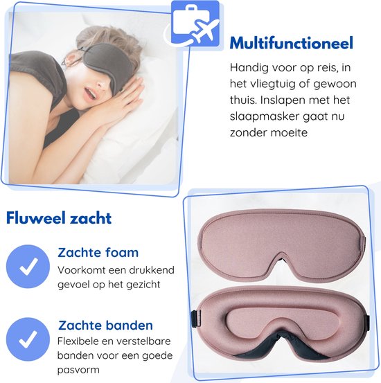 Hilvard - Schlafmaske - Augenmaske - Inklusive Schlaf-Ohrstöpsel - 100% Verdunkelung - Verstellbar - Ergonomisch - Pink