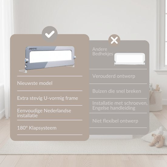 Babietec Bettgitter, verstellbar und zusammenklappbar – extra lang, 150 cm – Bettgitter – Boxspring – Ausfallschutz – Bettgitter – Dunkelgrau
