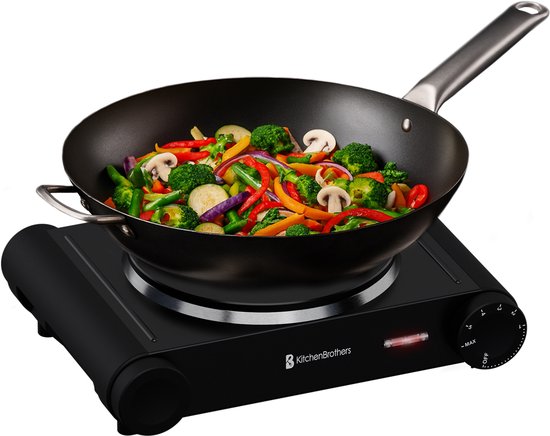 KitchenBrothers Elektrokochfeld - 1 Brenner - Freistehend - 7 Temperaturstufen - 1500W - Schwarz