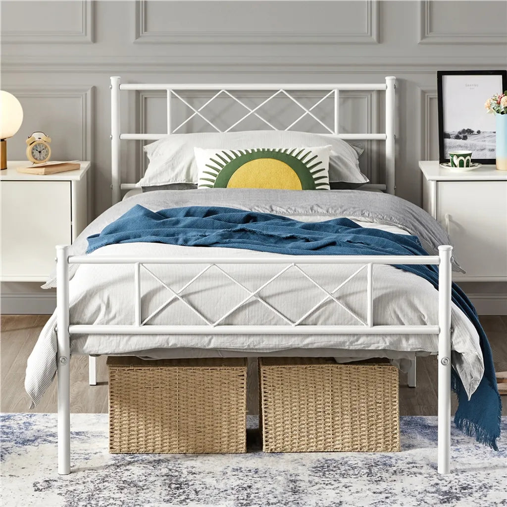 Yaheetech Bettrahmen 90 × 190 cm - Weißes Metall - Einzelbett mit X-Design Kopfteil, Lattenrost und 32,5 cm Stauraum