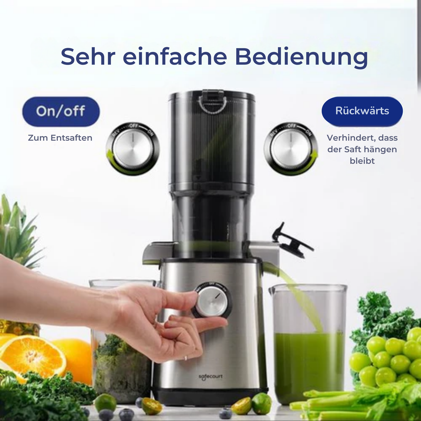 Safecourt Kitchen Entsafter - Für Obst & Gemüse - XXL Einfüllöffnung - Leistungsstarker 200W Motor