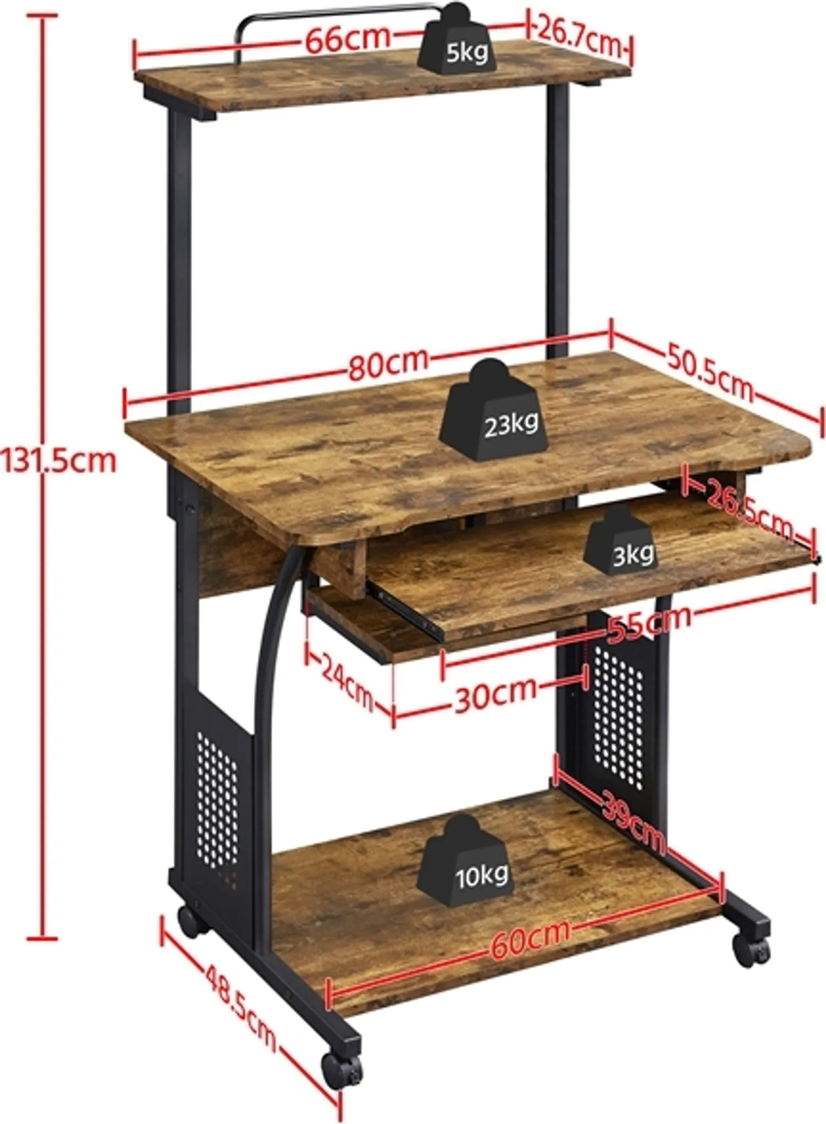 Yaheetech Computertisch mit Ablageböden und Rollen – 80,5 x 60 x 132 cm – Rustikales Braun