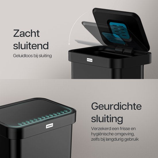 Deleca Sensor Mülleimer 50 Liter - Mit FreshAura Geruchskontrolle - Slow Close Mülleimer - Edelstahl Mülleimer - Schwarz