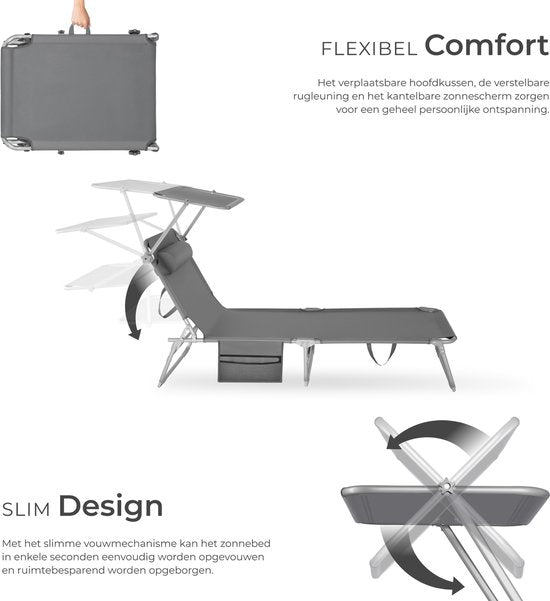 tectake® - Liege Sonnenliege Liege - 4 Positionen, klappbar - grau - 68 x 190 x 28 cm, mit Seitentasche