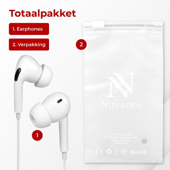 Nuvance - Ohrhörer mit Kabel und Mikrofon - Geeignet für Apple Lightning - In-Ear-Ohrstöpsel - Kopfhörer - Weiß