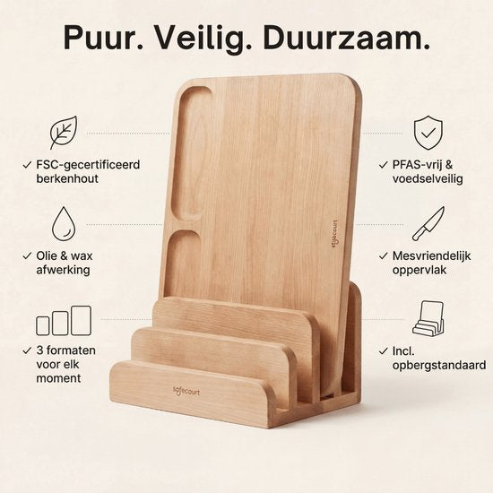 Safecourt Kitchen 3-teiliges Schneidebrett-Set aus Holz [100% frei von Mikroplastik] - inklusive Aufbewahrungsständer - FSC-zertifiziertes Birkenholz