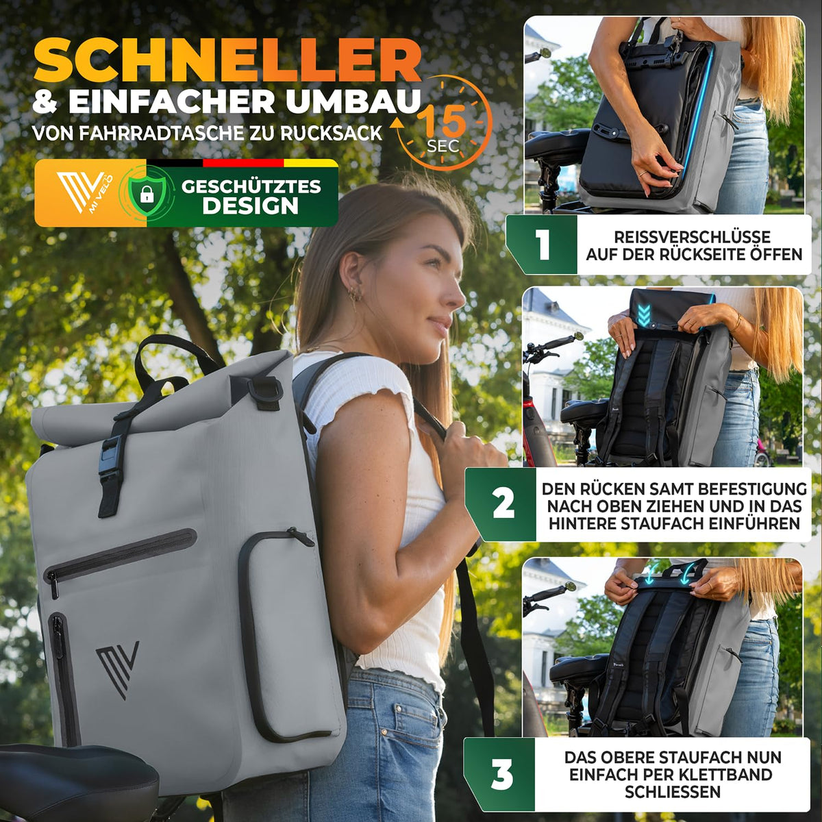 MIVELO - EVO 25L 3-in-1-Fahrradtasche für den Gepäckträger – Rucksack und Umhängetasche – 100 % wasserdicht und vollständig reflektierend