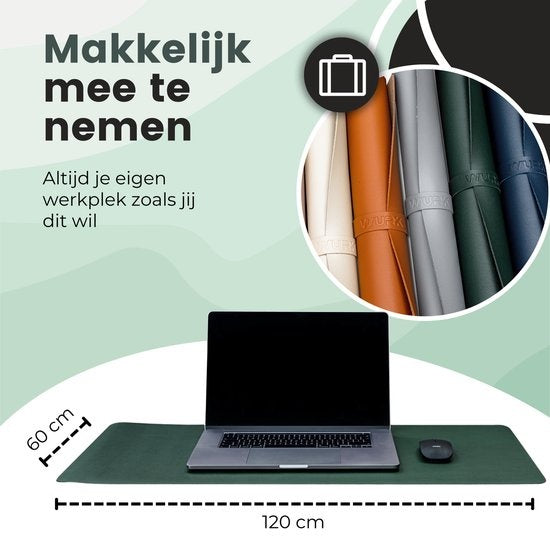 WURK Professional Schreibtischunterlage Kunstleder - Schreibtisch-Organizer - Schreibtischzubehör - Inklusive Kabelclip - Mauspad XXL - 120x60 - Grün