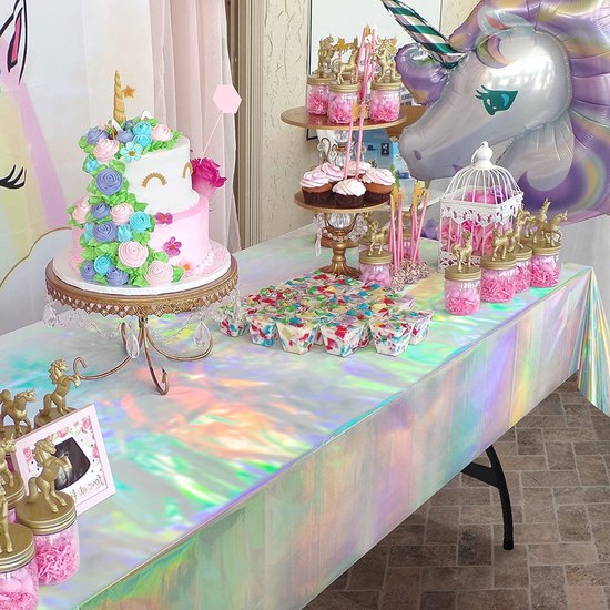 Partizzle 2x Plastik Einwegtischdecke - Einhorn Party Dekorationen - Meerjungfrau Geburtstag - Holographischer Regenbogen - 274 x 137 cm