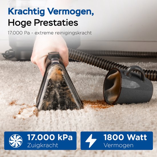 Qclean® Teppichreiniger GO+ 1800 W - All-in-1-Dampfreiniger & Fleckenentferner – Für Teppiche, Möbel, Küche und Bad – Selbstreinigend – Sitzmöbelreiniger – Sofarreiniger – Reinigungsgerät – Wasserstaubsauger – Inkl. Reinigungsmittel