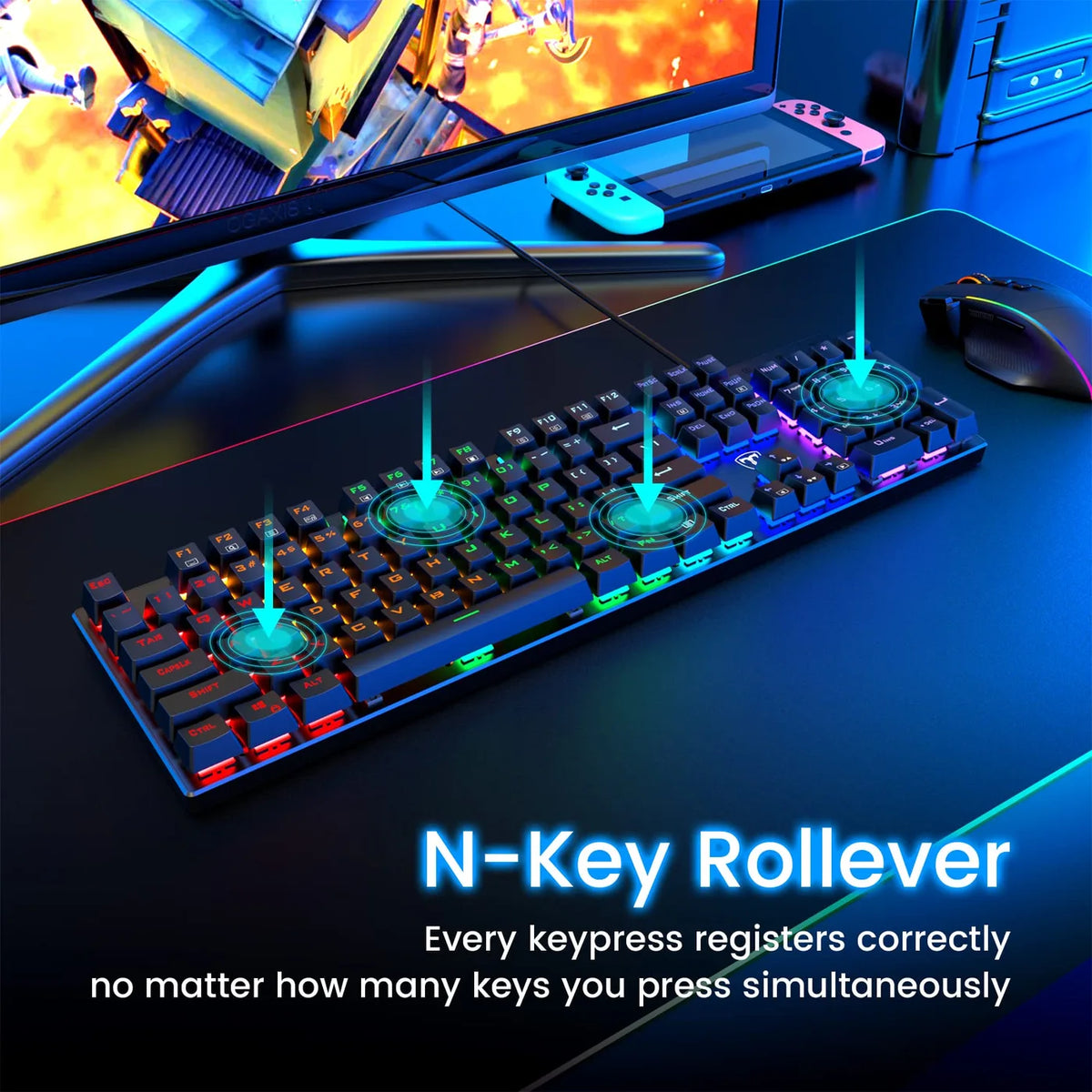ET Mechanische Tastatur, USB, kabelgebunden – 104 Tasten – blaue Schalter, RGB, Anti-Ghosting