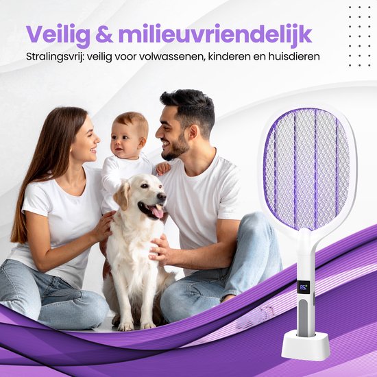 TTD® Premium Elektrische Fliegenklatsche und Mückenlampe Wiederaufladbar mit XXL 2 Meter Ladekabel und LCD Bildschirm - 2 Stufen Fliegenklatsche und Mückenlampe - 2500 Volt - Wiederaufladbar über USB und Steckdose - Mit Sicherheitsnetz - UV Licht - Fliege
