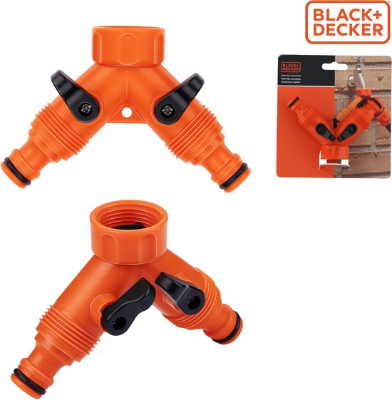BLACK+DECKER Double Tap Fitting Gartenschlauch - Gartenschlauchkupplung - 3/4" Wasserhahnanschlüsse - Integrierter Wasserstopp - Regulierung des Wasserflusses - Kunststoff - Orange/Schwarz