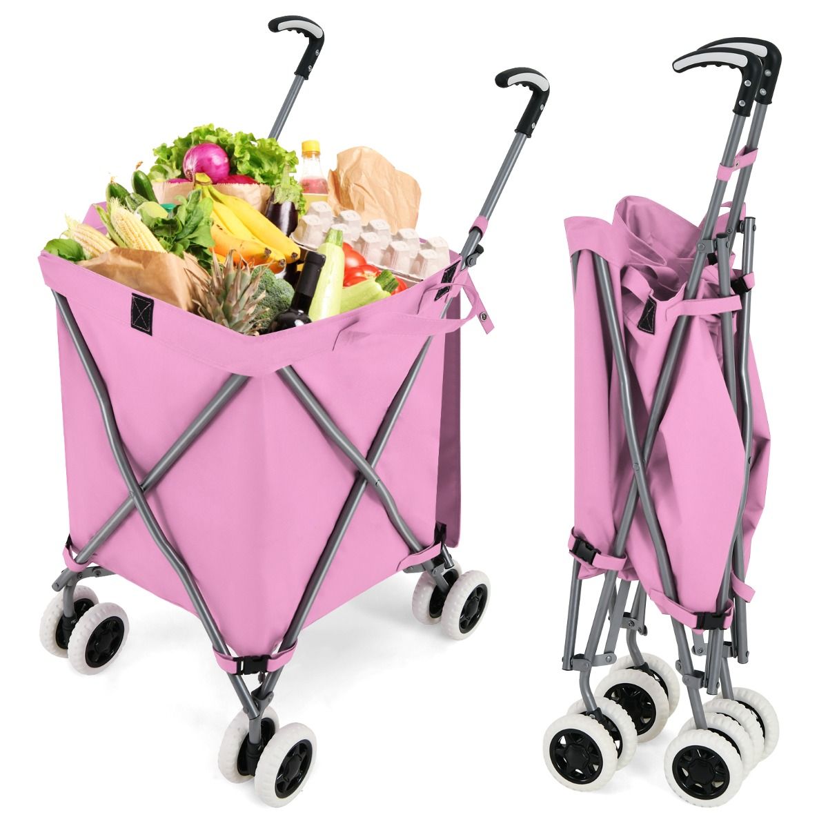 Coast Zusammenklappbarer Einkaufswagen mit Rädern – Handwagen 90 l – Zusammenklappbarer Einkaufswagen – 66 x 46 x 94,5 cm – Rosa