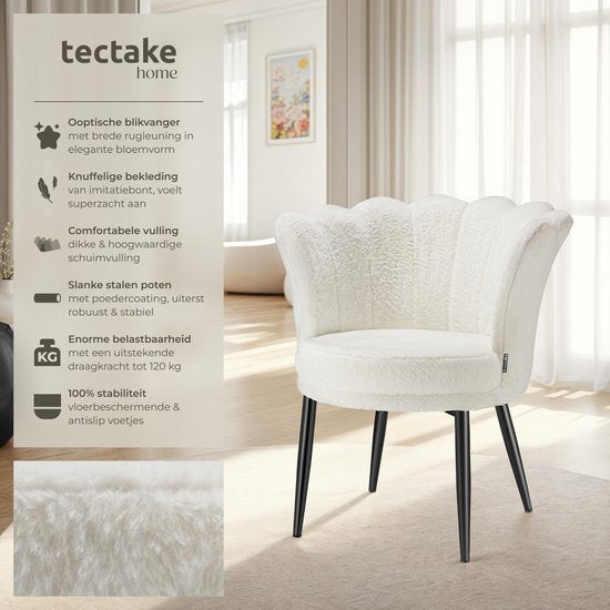tectake® Sessel Stella - Sessel mit Armlehne - Bequemer Esszimmerstuhl - Küchenstuhl - Dick gepolstert - Für Wohnzimmer und Esszimmer - Mit Kunstfellbezug - creme/schwarz