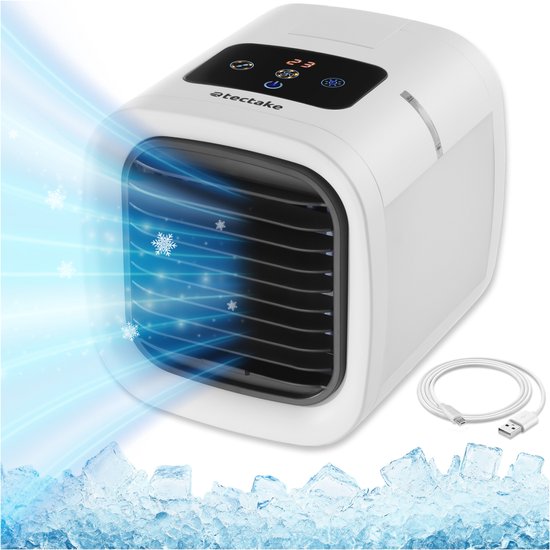 tectake® Air Cooler Frosty mit LED-Beleuchtung - 2 Kühlmodi - 8W - 3-in-1 Luftkühler mit Wasserreservoir - ohne Ablassschlauch - inklusive USB-Kabel und Trichter - Mini-Klimagerät - Weiß