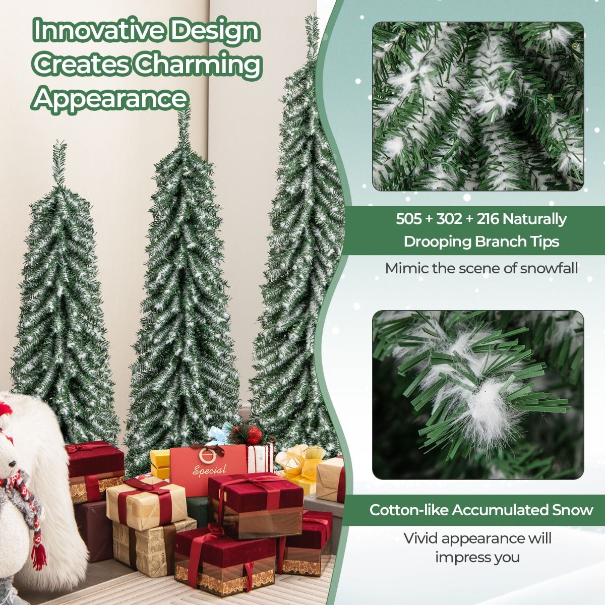 Coast Kunstweihnachtsbäume-Set – Bleistiftform – mit Kunstschnee und LED-Beleuchtung – 120/150/180 cm