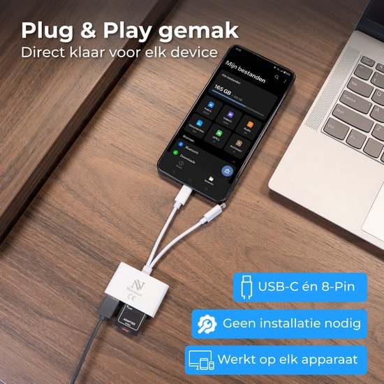 Nuvance SD-Kartenleser - 3 in 1 - Micro SD-Karte - USB zu USB C - 8-Pin - Geeignet für alle Handys, Tablets & Laptops