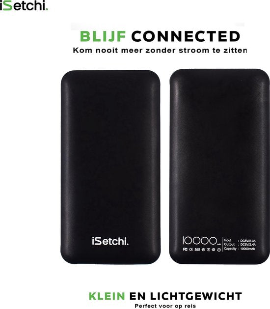 iSetchi Powerbank 10000 mAh - 4-in-1 - Eingebaute Kabel - Schwarz
