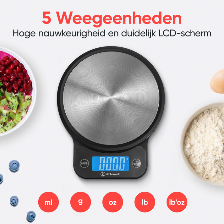 Kitchenwell Küchenwaage – Digital – 1 g–10 kg – LCD – Spritzwassergeschützt