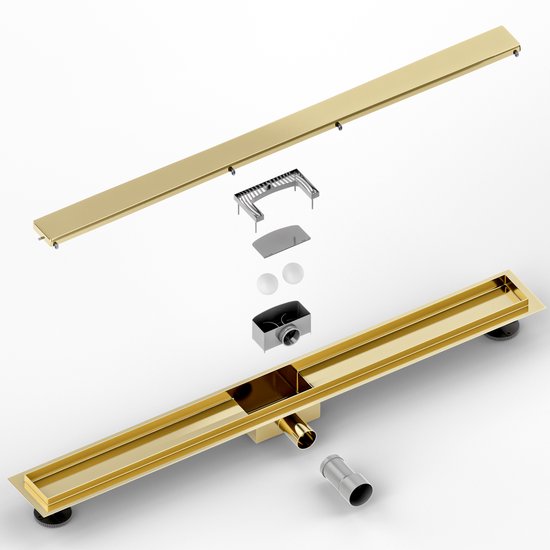 Duschrinne - 90cm - Gold - Fliesenrost - Edelstahl - Mit Flansch