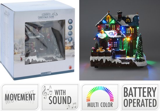 Weihnachtsdorfhaus - mit Bewegung, LED-Leuchten und Musik - 25 cm - poliresin