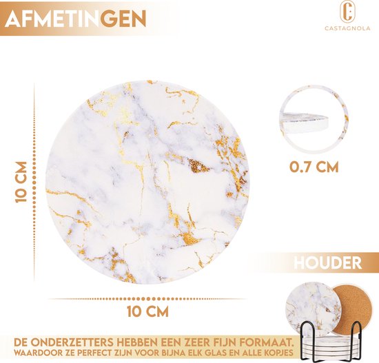 Castagnola Keramik Untersetzer mit Halter - Untersetzer für Gläser - Untersetzer Design - Untersetzer Set - Untersetzer zum Trinken - Keramik - Kork - 6er Set - Weiß/Gold