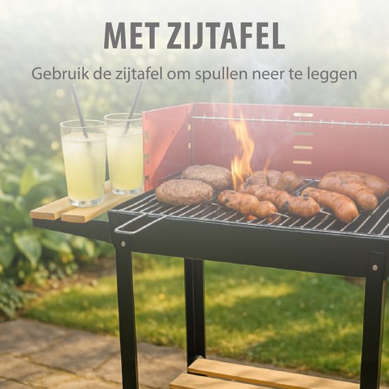 BBQ Collection Holzkohlegrill – Holzkohlegrill mit Rädern – Grill mit verstellbarem Rost und Windschutz – Grill mit Seitentisch – Schwarz