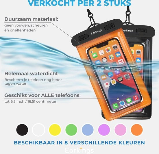 Wasserdichte Handytaschen - Drybag 2er Set - Unterwasser Handytasche für alle Handys - Wasserdichte Handytasche Earkings - Schwarz & Orange
