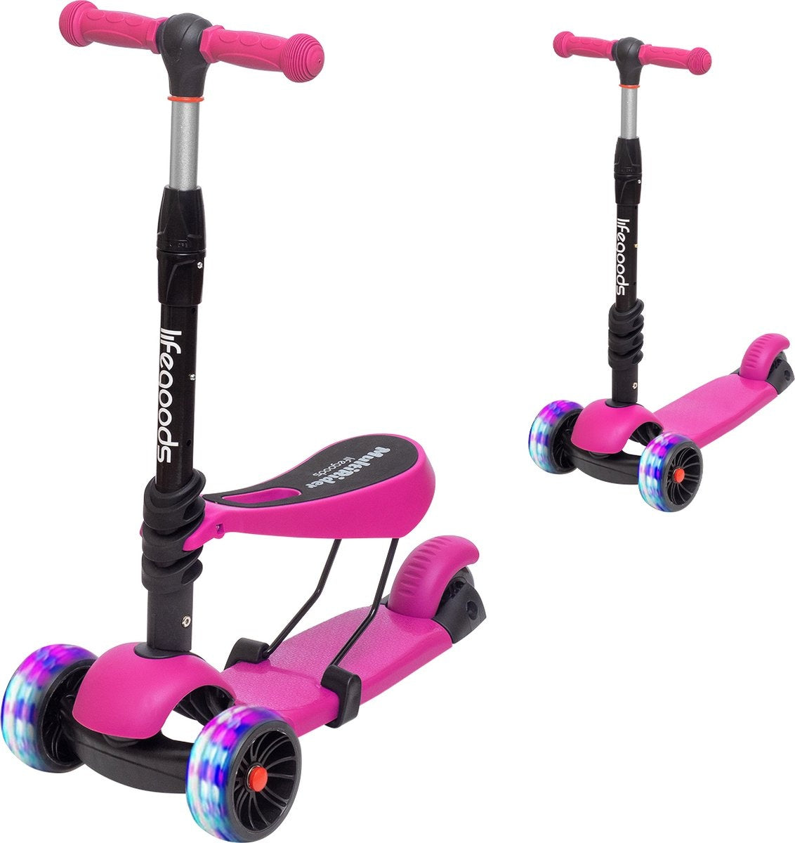 LifeGoods MultiRider Kinder-Roller - Stufe 3-8 Jahre - verstellbarer Sitz - leuchtende Räder - Jungen/Mädchen - Pink