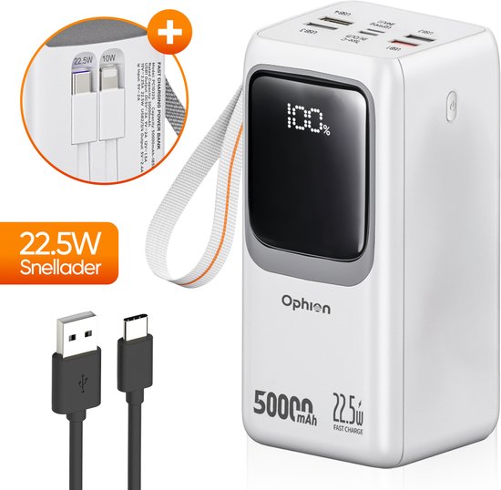 Ophion® Powerbank PRO 50.000 mAh – 7 Ladeanschlüsse – Quick Charge – Schnellladegerät mit 22,5 W für USB-C, USB-A, Micro-USB – inklusive Kabel – Notfall-Set – Weiß