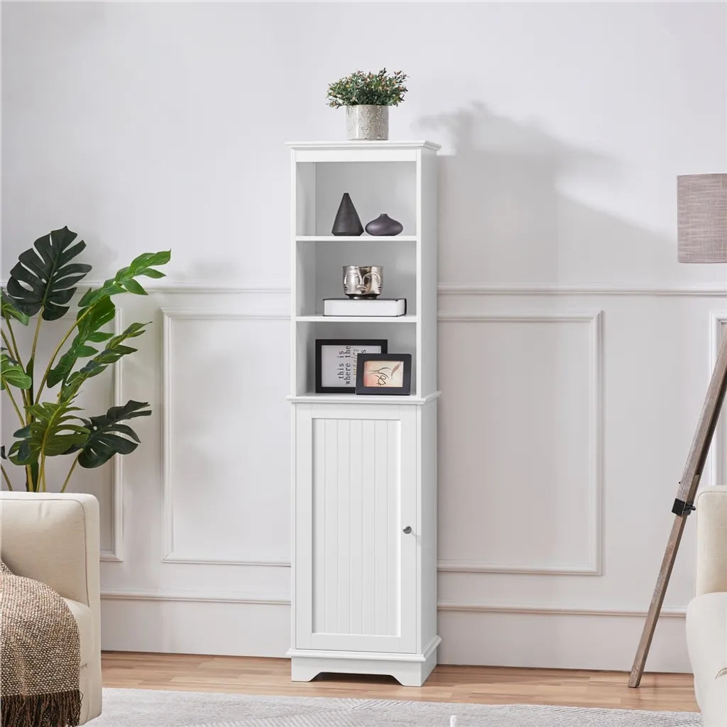 Yaheetech Badezimmerschrank 40 x 30 x 153 cm – Weiß – Hoher Aufbewahrungsschrank mit 3 offenen Regalböden und verstellbarem Einlegeboden