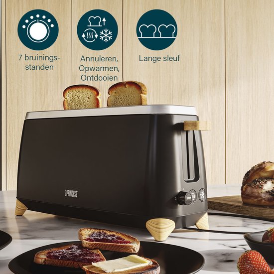 Princess 142361 Toaster Pure – 6 Bräunungsstufen – 1000 W – Bambus – schwarz