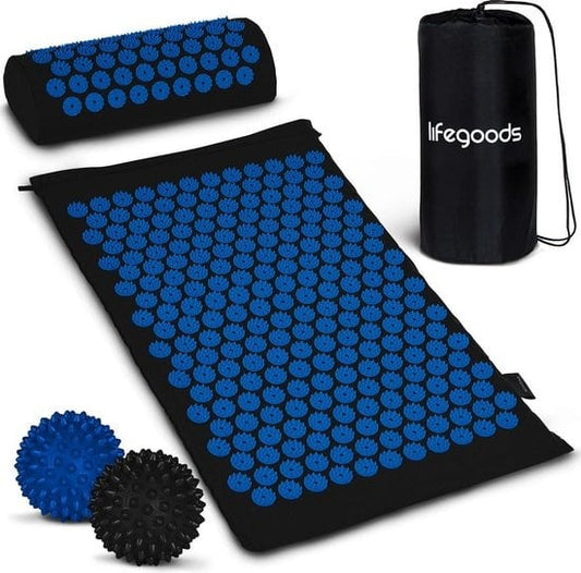 LifeGoods Akupressurmatte mit Kissen - Shakti Matte - Nagelmatte inkl. 2x Triggerpunkt Ball - 66x40x2cm - Schwarz/Blau