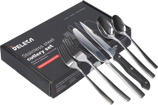 Deleca 8 Personen Besteck-Set (48 Teile) - Löffel, Messer, Gabeln & Steakmesser - spülmaschinenfest - Silber/Edelstahl