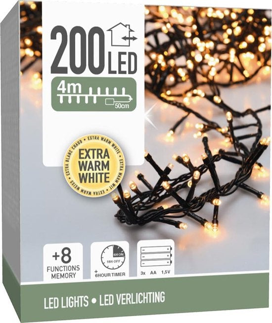 Micro Cluster 200 led - 4m - extra warmweiß - Batterie - Lichtfunktionen - Speicher - Timer