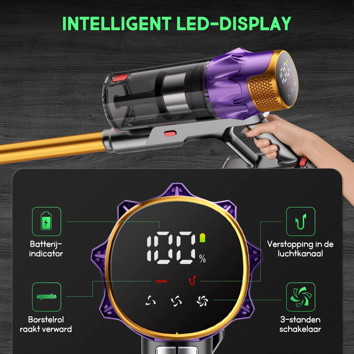 Daynee Kabelloser Stabstaubsauger 65 kPa – Bis zu 70 Minuten Laufzeit – Anti-Verfilzungsbürste mit LED – Ideal für Tierhaare – Gold