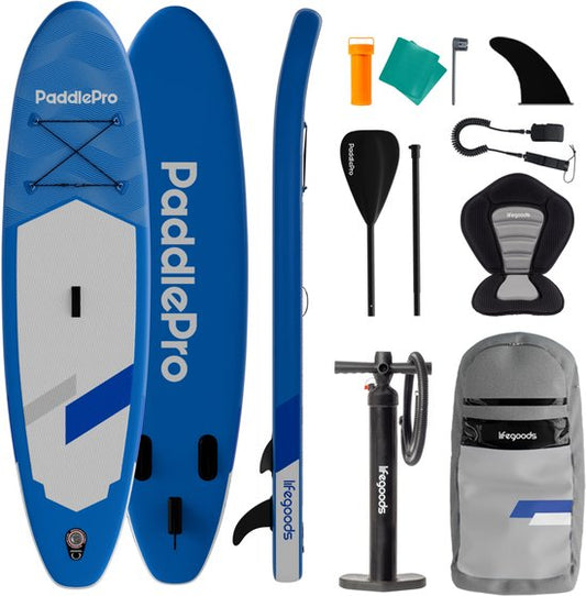LifeGoods SUP Board All-round Compact - mit Sitz - 100 KG Tragfähigkeit - 300 x 76 cm - Aufblasbar - Komplettes SUP Paket - Blau