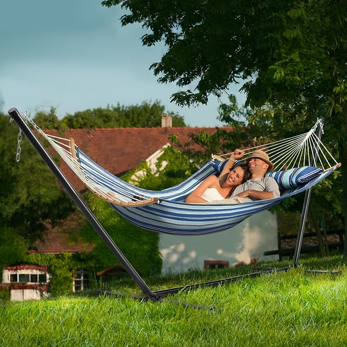 Yaheetech XXL-Hängematte mit Ständer – blau gestreift – verstellbare 2-Personen-Hängematte mit Kissen und Tragetasche