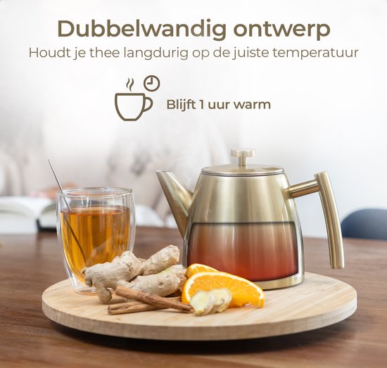 Vaja® Teekanne Juliette Gold - Doppelwandig - 1 Liter - Edelstahl-Teekanne mit Filter & Heißhalterung