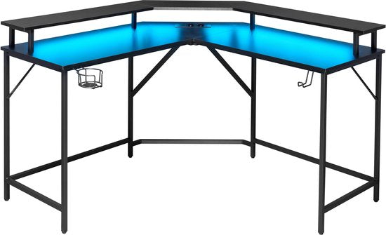 Eckschreibtisch – Gaming-Schreibtisch – L-förmiger Schreibtisch – USB- und USB-C-Anschlüsse sowie Stromanschluss in der Tischplatte – LED-Beleuchtung – Tischplatte 130 x 130 x 50 cm