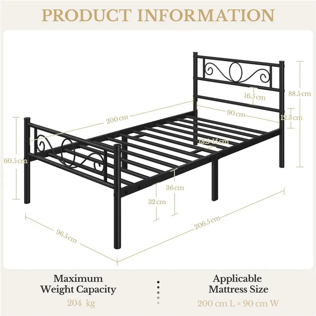 Yaheetech Metallbettgestell 90 x 200 cm – Schwarz – Einzelbett mit Lattenrost