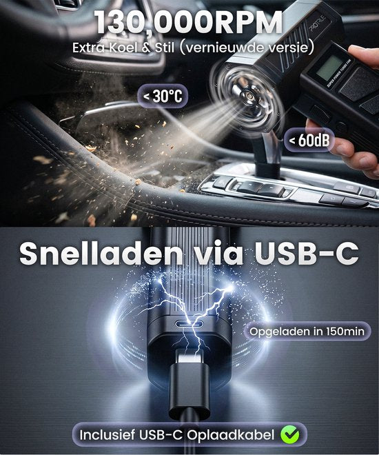 Kleinstaubsauger, kabellos, mit Air Duster, 130.000 U/min – Kabelloser Autostaubsauger – Handstaubsauger – Akku-Luftgebläse – Druckluft – Turbo-Ventilator